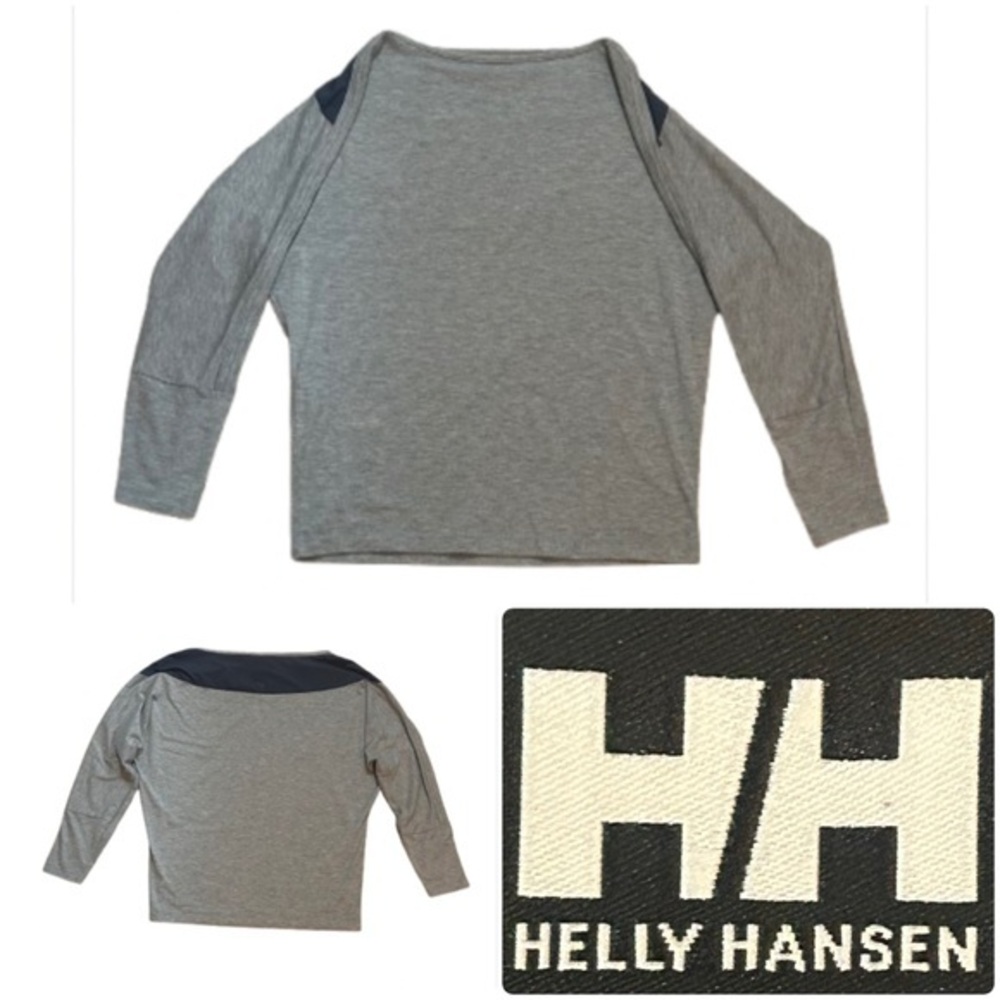 Helly Hansen Gray and Navy Blue 3/4 Sleeve Loose Fit Boat Neck Style Top